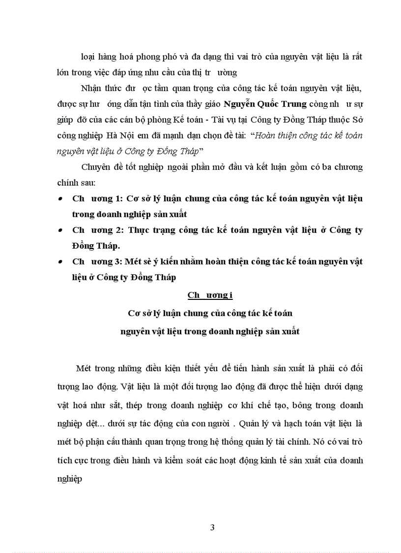 Hoàn thiện công tác kế toán nguyên vật liệu ở Công ty Đồng Tháp 1