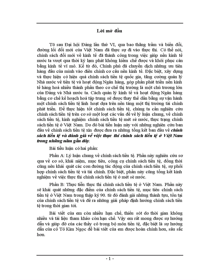 Chính sách tiền tệ và đánh giá về việc thực thi chính sách tiền tệ ở Việt Nam trong những năm gần đây 1