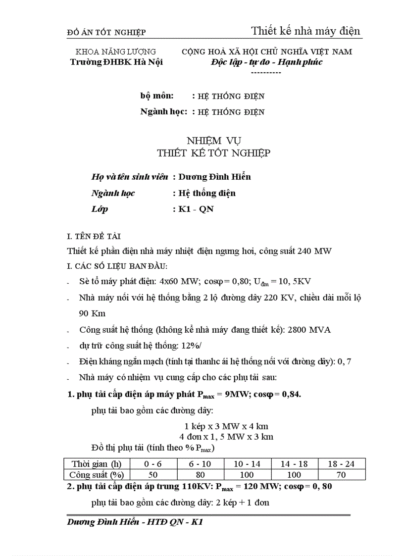 Thiết kế phần điện nhà máy nhiệt điện ngưng hơi công suất 240 MW 1