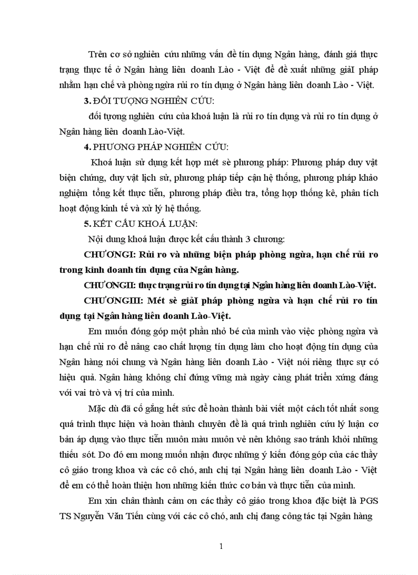 Một số giải pháp phòng ngừa và hạn chế rủi ro trong kinh doanh tín dụng tại Ngân hàng liên doanh Lào Việt 1