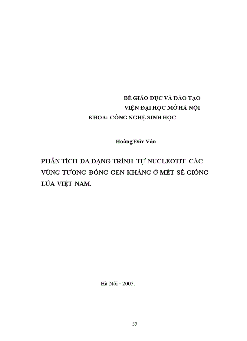 image for page Phân tích đa dạng trình tự nucleotit các vùng tương đồng gen kháng ở một số giống lúa Việt Nam