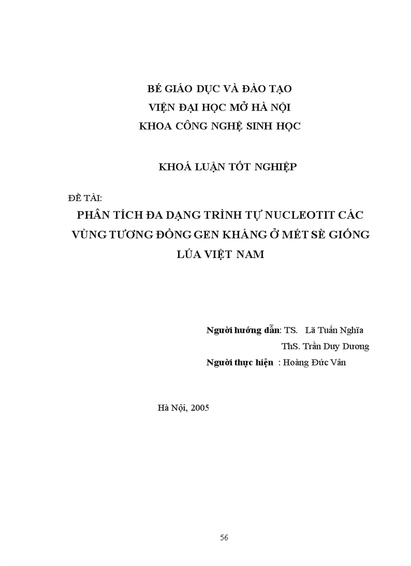 image for page Phân tích đa dạng trình tự nucleotit các vùng tương đồng gen kháng ở một số giống lúa Việt Nam
