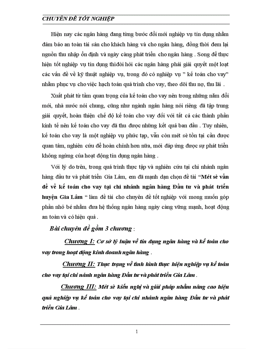 Một số vấn đề về kế toán cho vay tại chi nhánh ngân hàng Đầu tư và phát triển huyện Gia Lâm 1