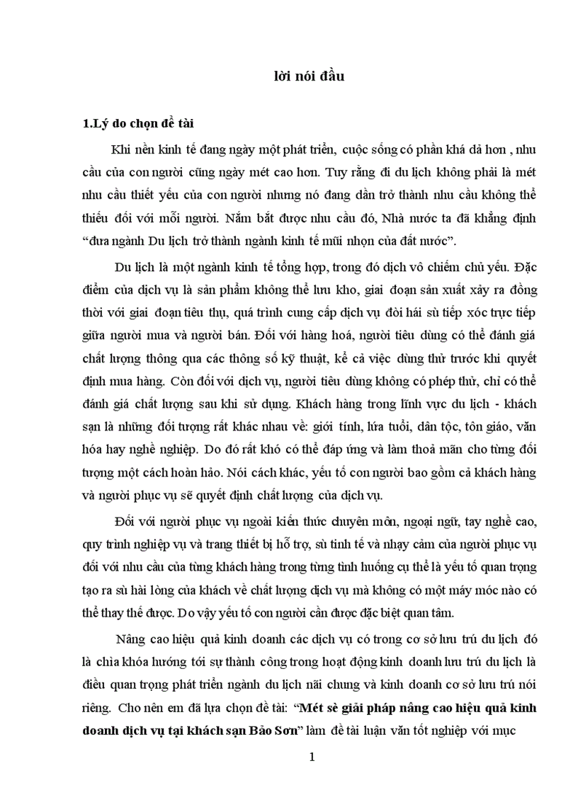 Một số giải pháp nâng cao hiệu quả kinh doanh dịch vụ tại khách sạn Bảo Sơn 1