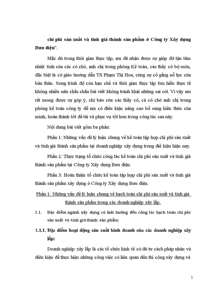 Kế toán tập hợp chi phí sản xuất và tính giá thành sản phẩm ở Công ty Xây dựng Bưu điện 1