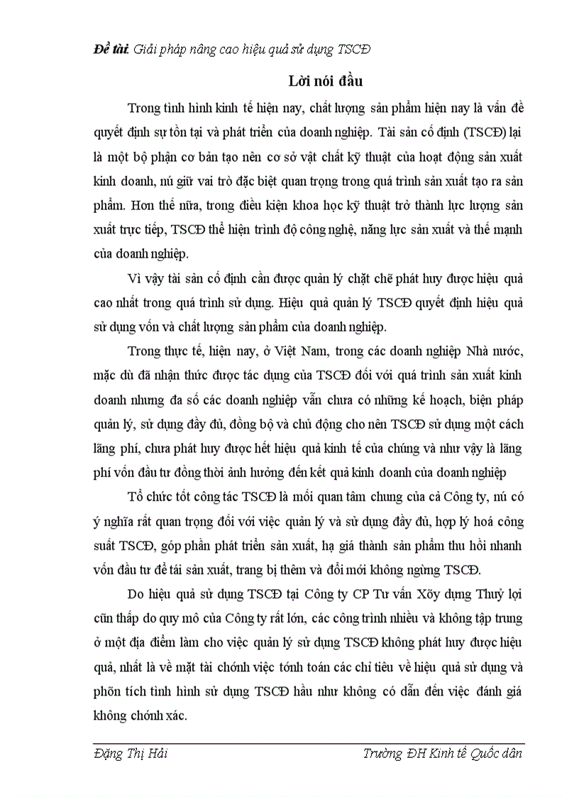 Giải pháp nâng cao hiệu quả sử dụng TSCĐ tại Công ty Cp Tư vấn Xây dựng Thuỷ lợi 1