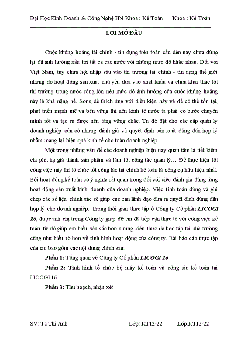 image for page Tình hình tổ chức bộ máy kế toán và công tác kế toán tại licogi 16