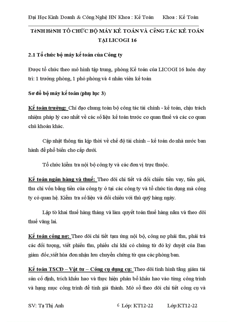 image for page Tình hình tổ chức bộ máy kế toán và công tác kế toán tại licogi 16