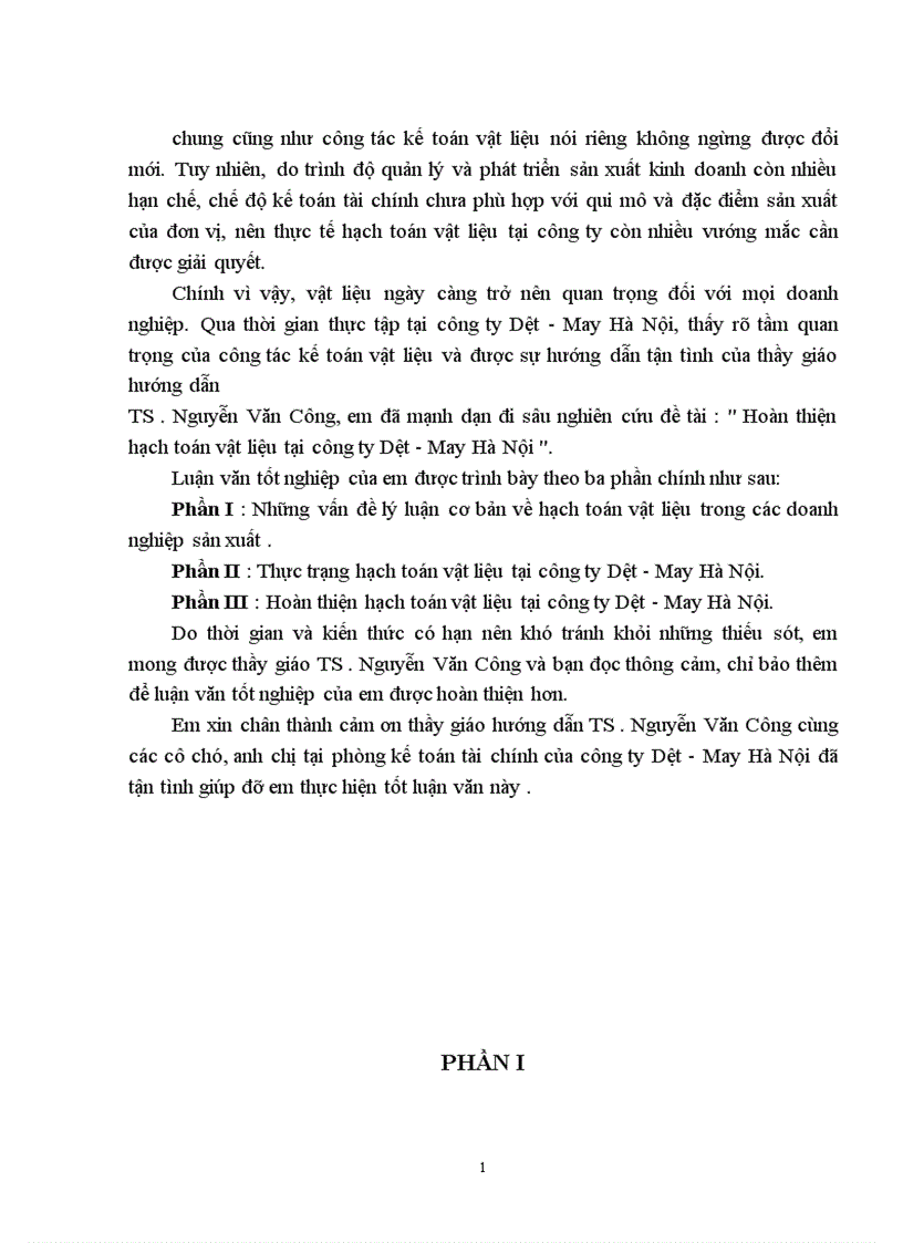 Hoàn thiện hạch toán vật liệu tại công ty Dệt May Hà Nội 1