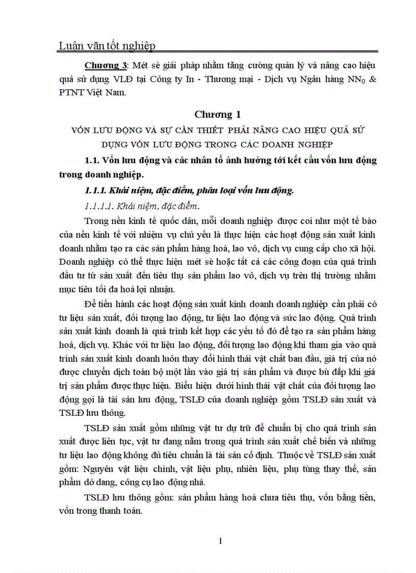 Quản trị và nâng cao hiệu quả sử dụng vốn lưu động tại Công ty In Thương mại Dịch vụ Ngân hàng 1