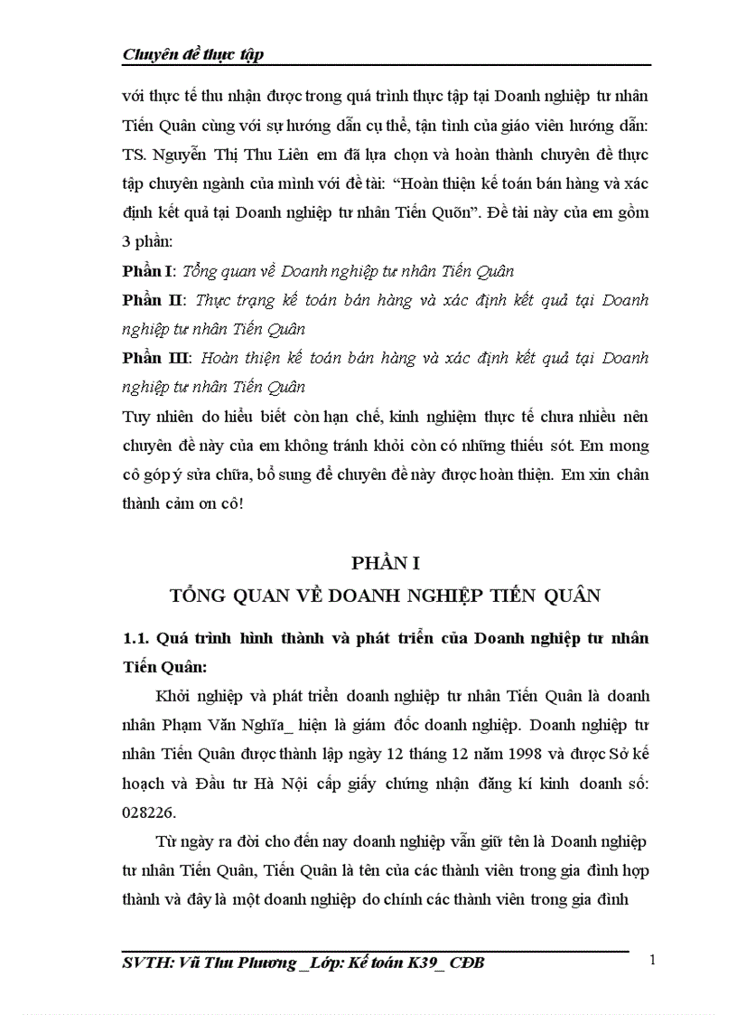 image for page Hoàn thiện kế toán bán hàng và xác định kết quả tại Doanh nghiệp tư nhân Tiến Quân 1