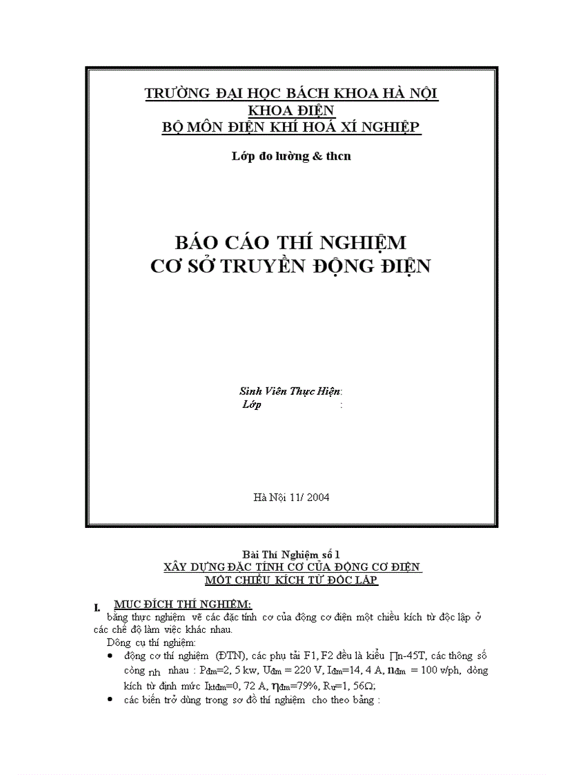 Thí Nghiệm Cơ Sở Truyền Động Điện 1