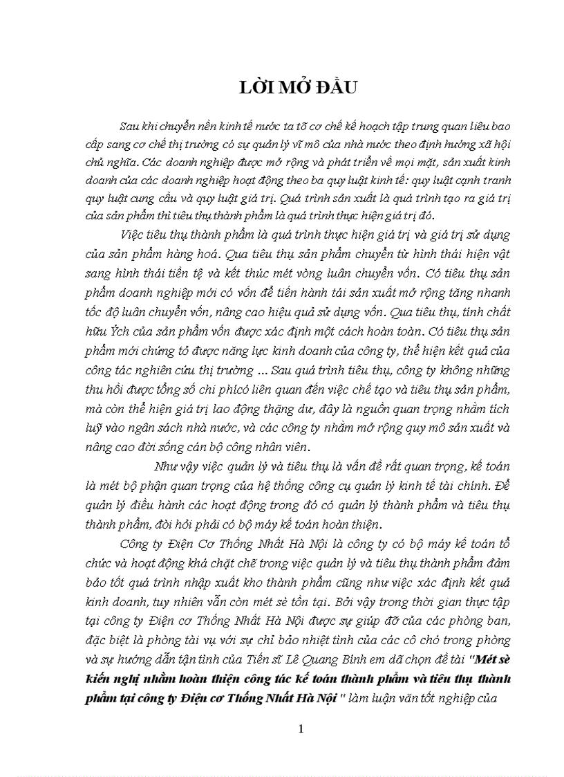 Một số kiến nghị nhằm hoàn thiện công tác kế toán thành phẩm và tiêu thụ thành phẩm tại công ty Điện cơ Thống Nhất Hà Nội 1