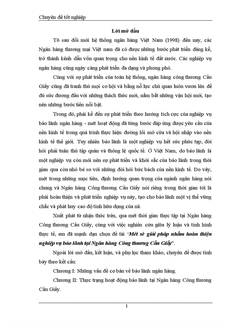 Một số giải pháp nhằm hoàn thiện nghiệp vụ bảo lãnh tại Ngân hàng Công thương Cầu Giấy 1
