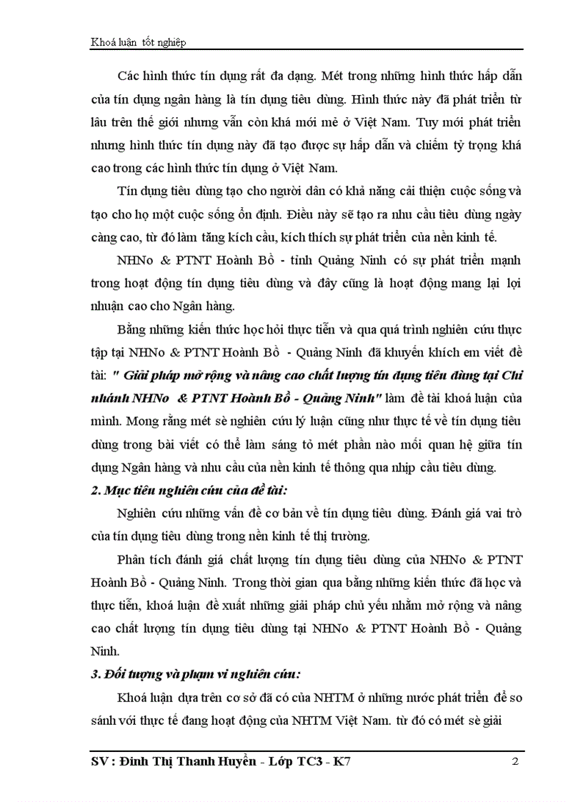 Giải pháp mở rộng và nâng cao chất lượng tín dụng tiêu dùng tại Chi nhánh NHNo PTNT Hoành Bồ Quảng Ninh 1