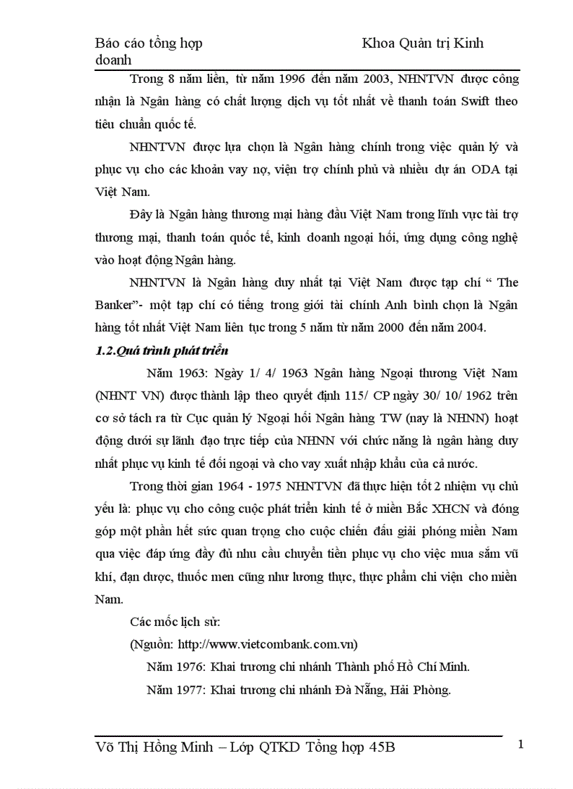 Báo cáo thực tập tại Ngân hàng Ngoại thương Việt Nam