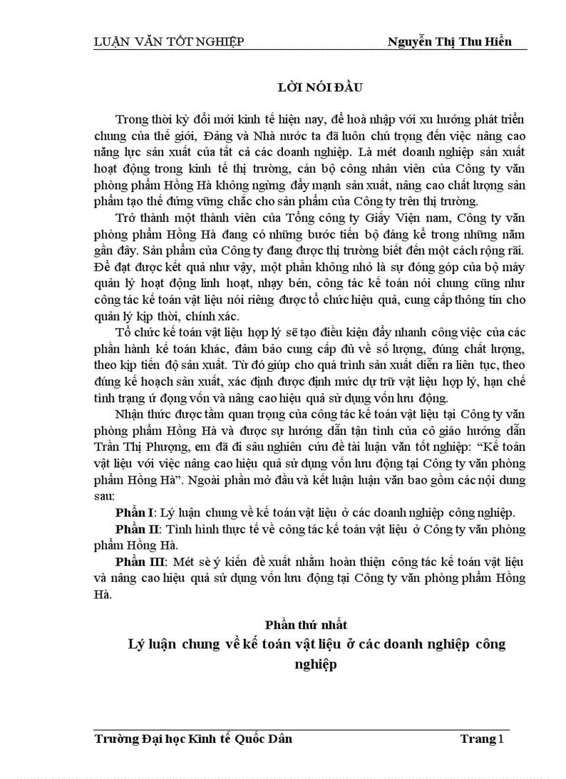 Kế toán vật liệu với việc nâng cao hiệu quả sử dụng vốn lưu động tại Công ty văn phòng phẩm Hồng Hà 1
