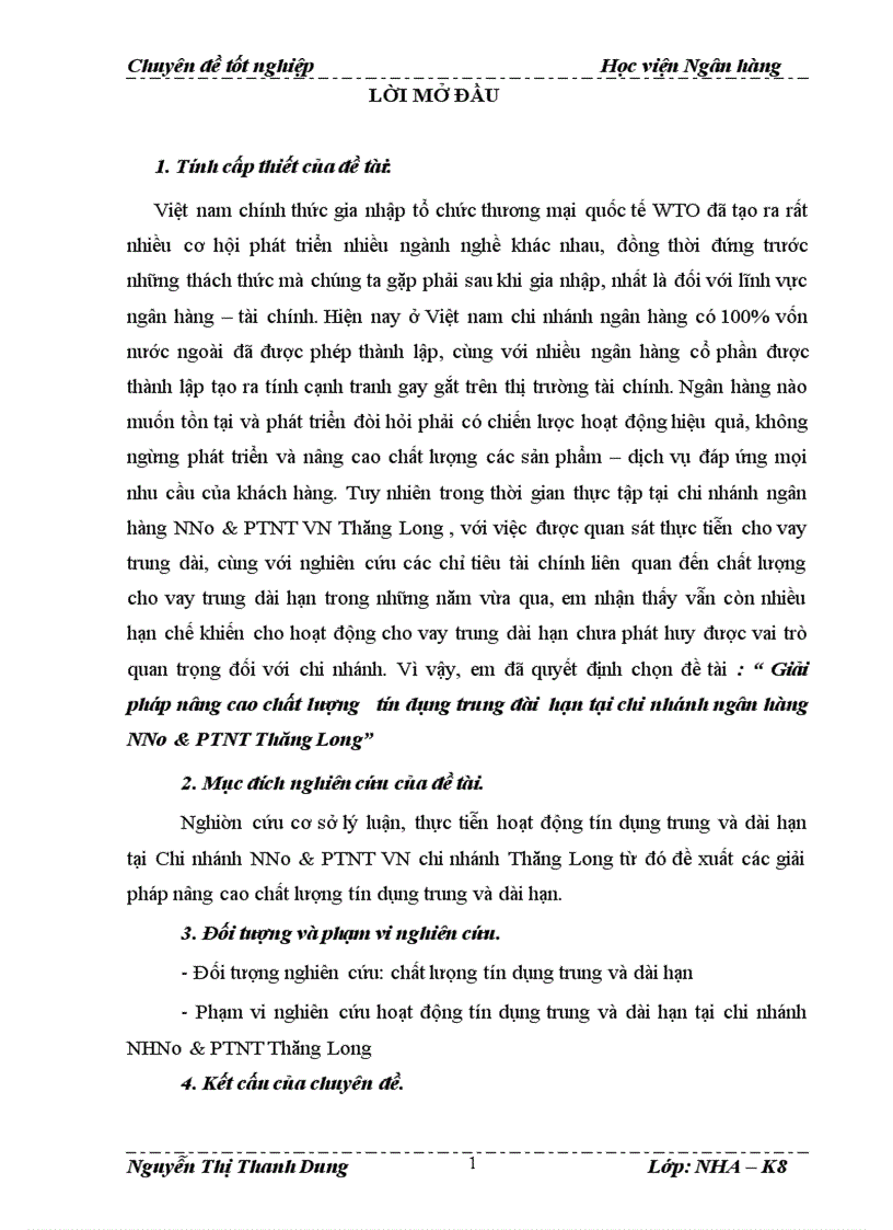 Giải pháp nâng cao chất lượng tín dụng trung dài hạn tại chi nhánh ngân hàng NNo PTNT Thăng Long