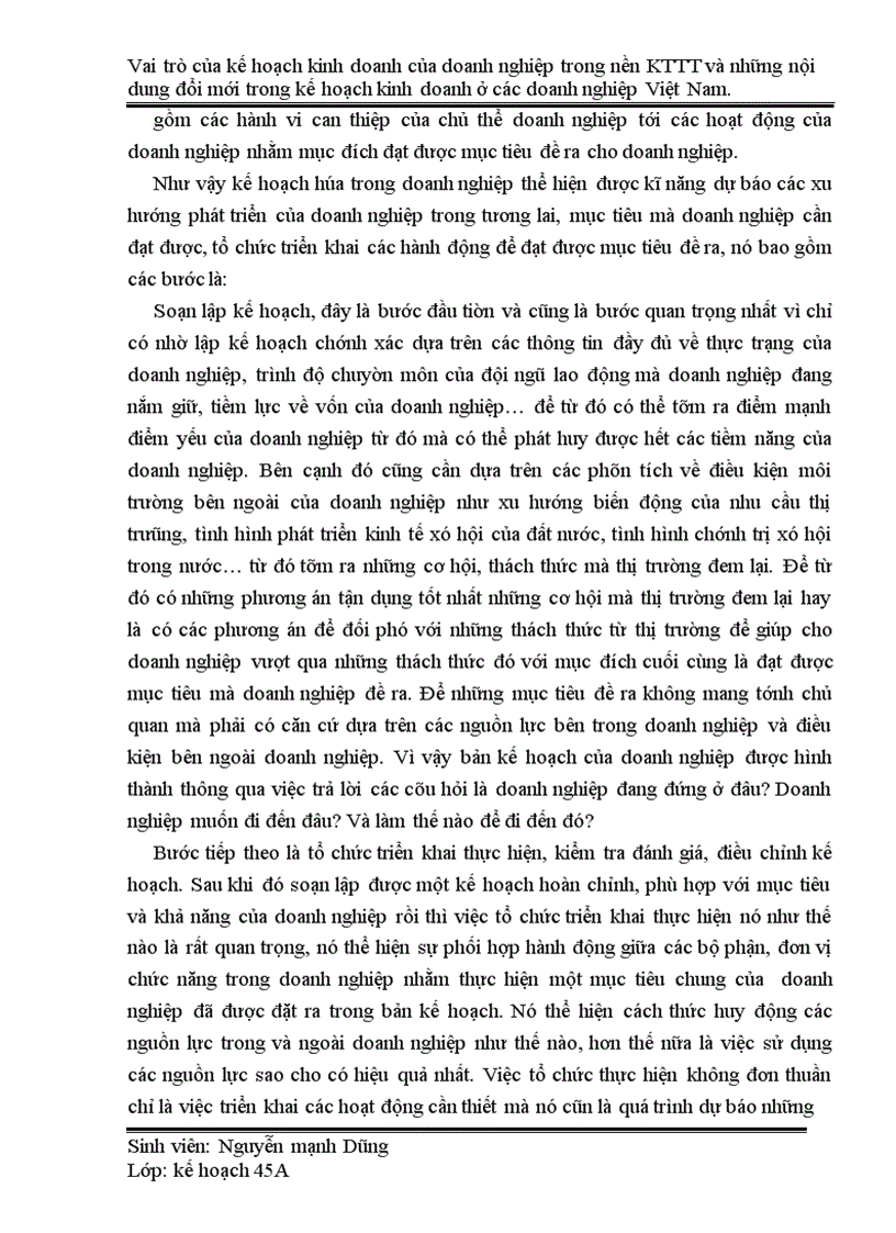 Vai trò của kế hoạch kinh doanh của doanh nghiệp trong nền KTTT và những nội dung đổi mới trong kế hoạch kinh doanh ở các doanh nghiệp Việt Nam 1