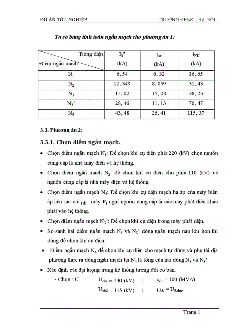 image for page Tính toán dòng điện ngắn mạch và lựa chọn thiết bị của sơ đồ nối điện chính các phương án