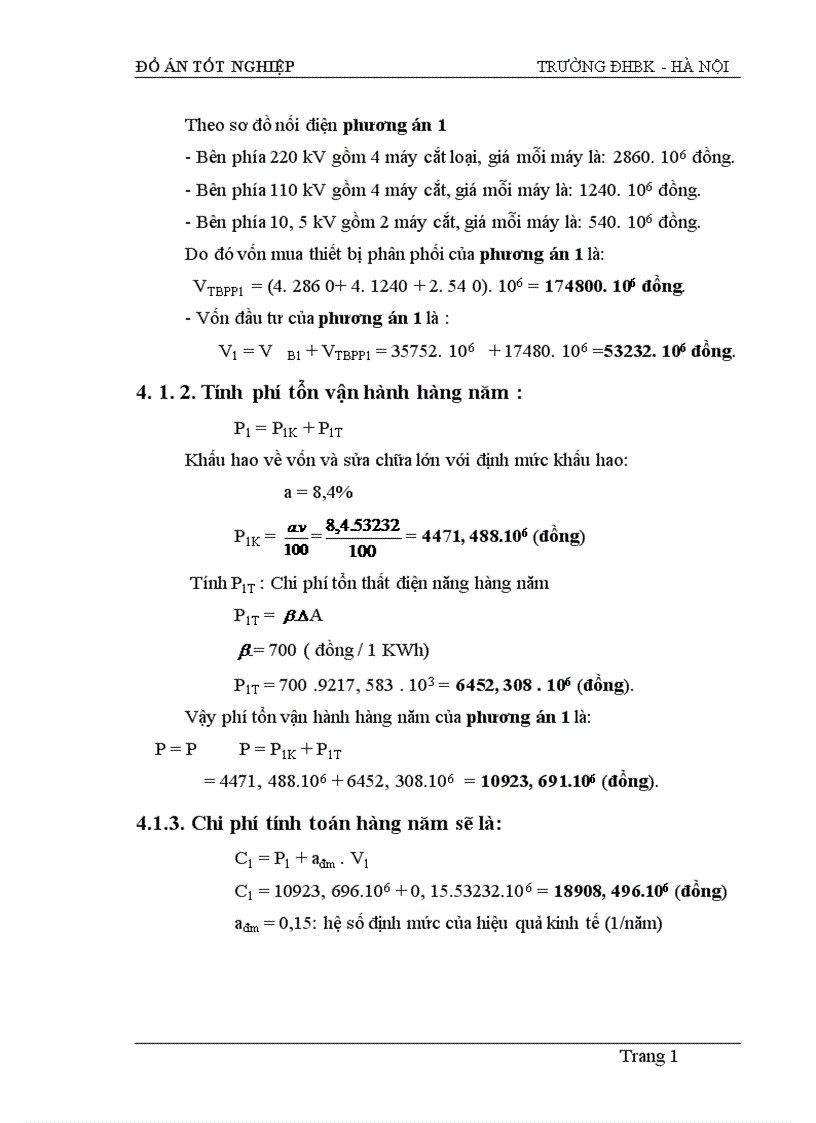 image for page Tính toán dòng điện ngắn mạch và lựa chọn thiết bị của sơ đồ nối điện chính các phương án