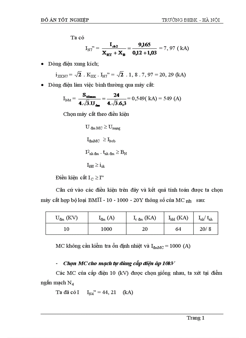 image for page Tính toán dòng điện ngắn mạch và lựa chọn thiết bị của sơ đồ nối điện chính các phương án