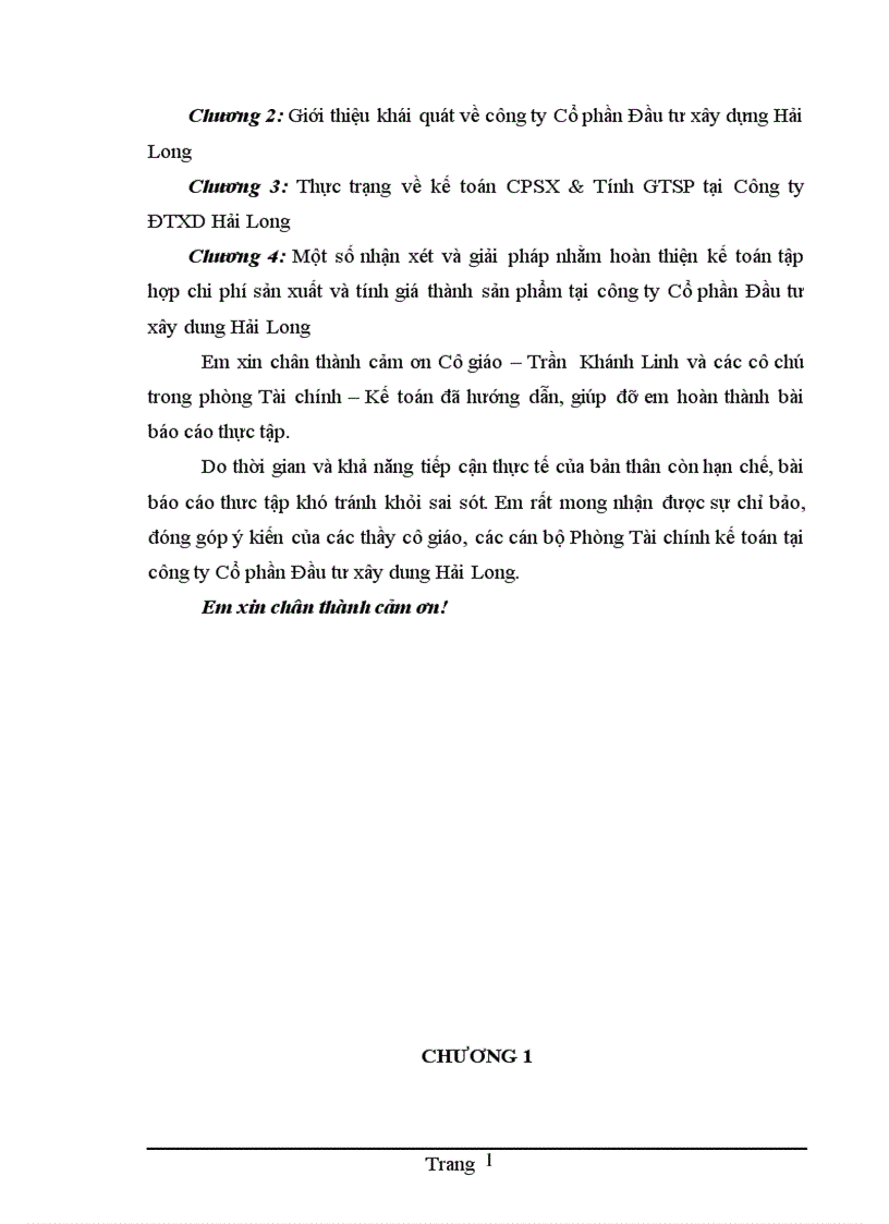 image for page Hoàn thiện kế toán chi phí sản xuất và tính giá thành sản phẩm xây lắp tại Công ty Cổ phần Đầu tư xây dựng Hải Long 1