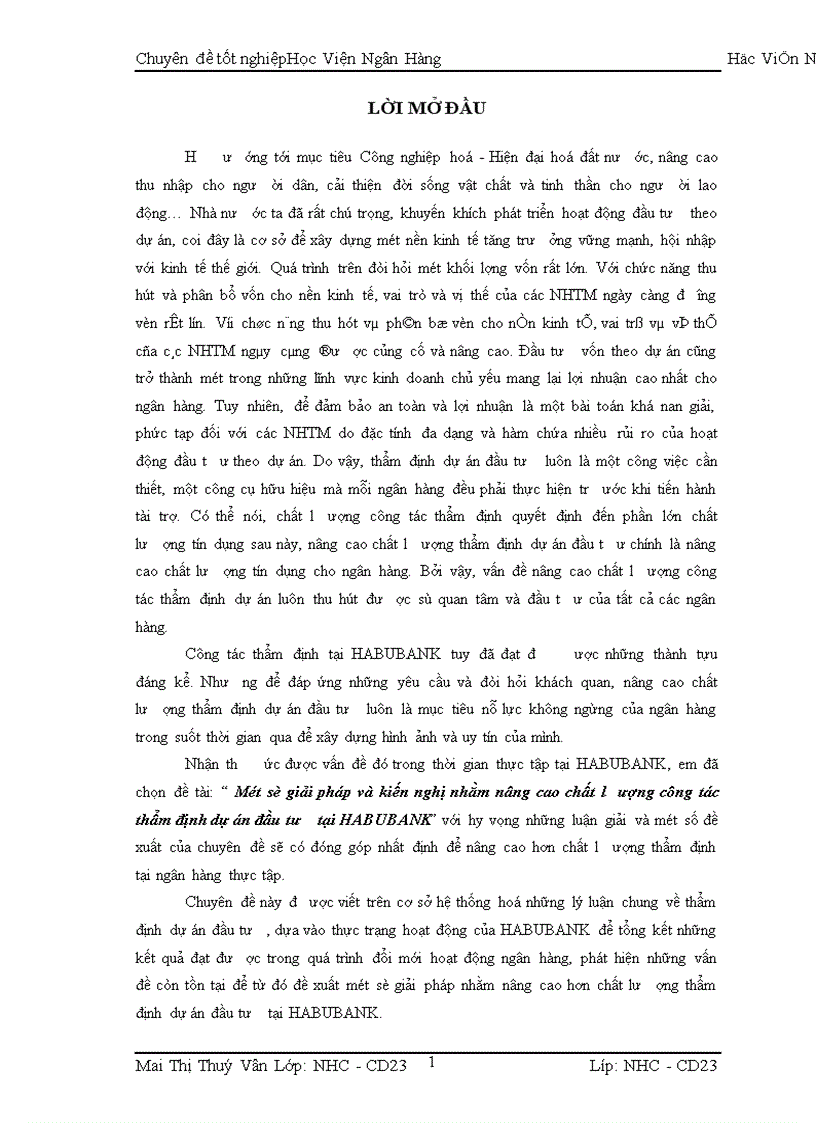 Một số giải pháp và kiến nghị nhằm nâng cao chất lơượng công tác thẩm định dự án đầu tươ tại HABUBANK 1