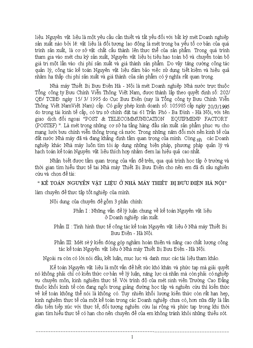 Kế toán Nguyên vật liệu ở Nhà máy Thiết Bị Bưu Điện Hà Nội 1