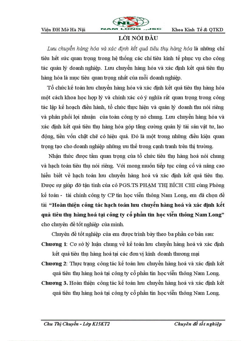 Hoàn thiện công tác hạch toán lưu chuyển hàng hoá và xác định kết quả tiêu thụ hàng hoá tại công ty cổ phần tin học viễn thông Nam Long 1