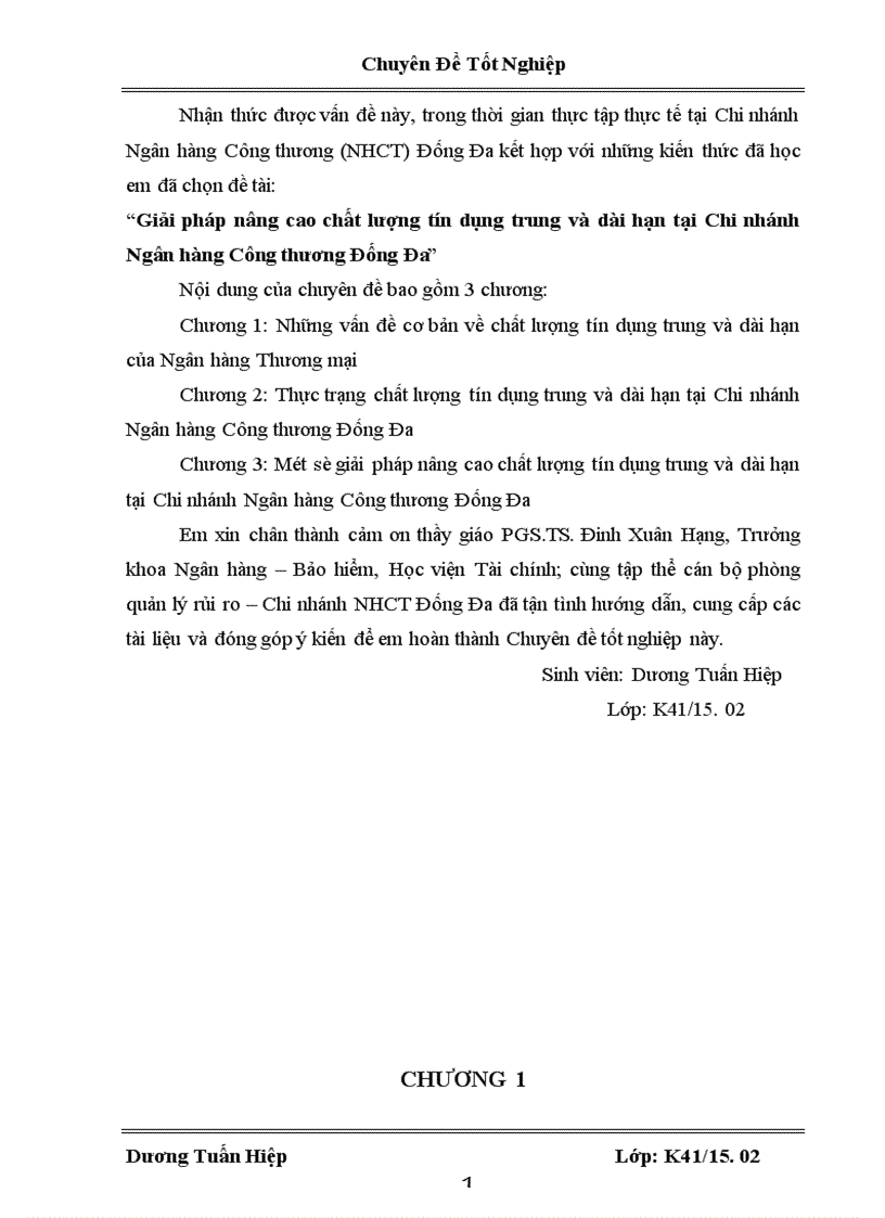 Giải pháp nâng cao chất lượng tín dụng trung và dài hạn tại Chi nhánh Ngân hàng Công thương Đống Đa