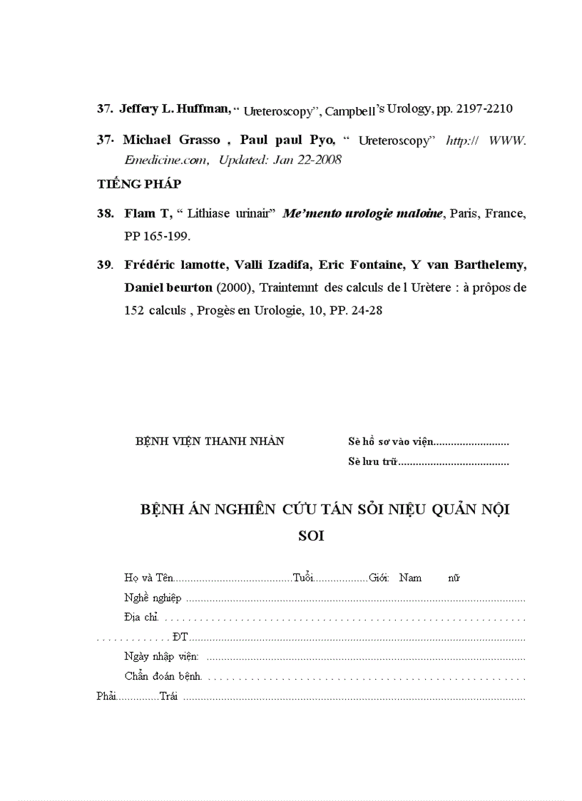 image for page Nghiên cứu điều trị sỏi niệu quản bằng phương pháp tán sỏi nội soi ngược dòng trên máy Lithoclast tại bệnh viện Thanh Nhàn
