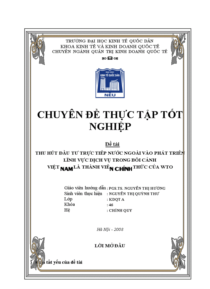 Thu hút đầu tư trực tiếp nước ngoài vào phát triển lĩnh vực dịch vụ trong bối cảnh Việt Nam là thành viên chính thức của WTO