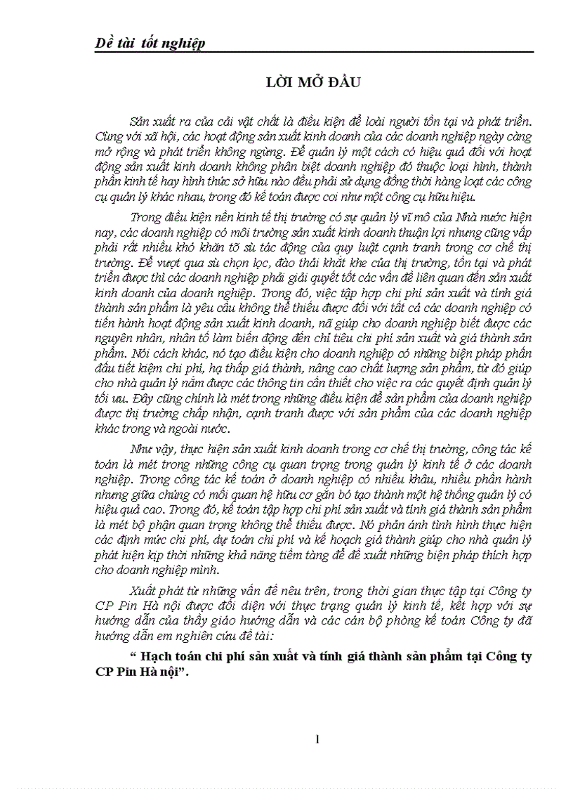 Hạch toán chi phí sản xuất và tính giá thành sản phẩm tại Công ty CP Pin Hà nội 1