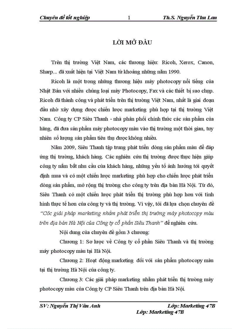 Các giải pháp marketing nhằm phát triển thị trường máy photocopy màu trên địa bàn Hà Nội của Công ty cổ phần Siêu Thanh 1