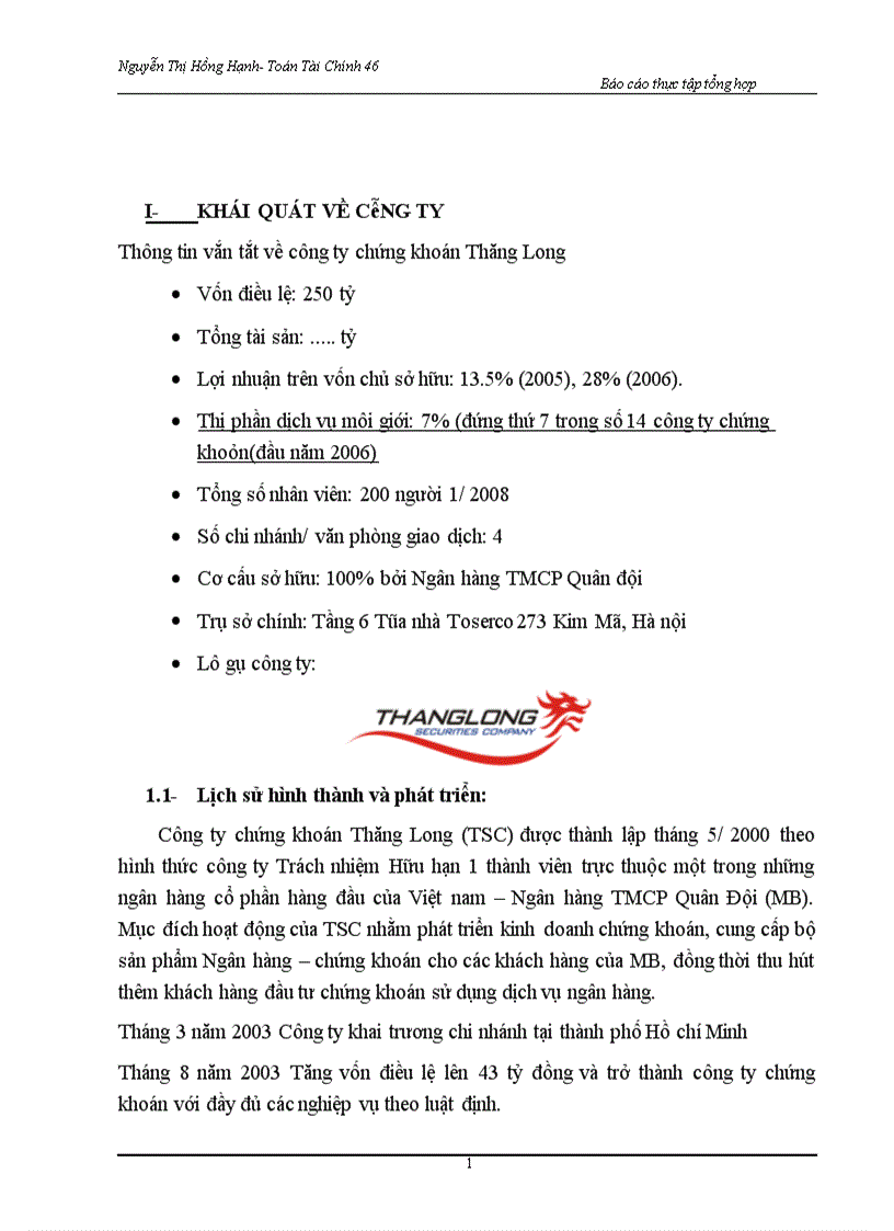 Báo cáo thực tập tổng hợp công ty chứng khoán Thăng Long
