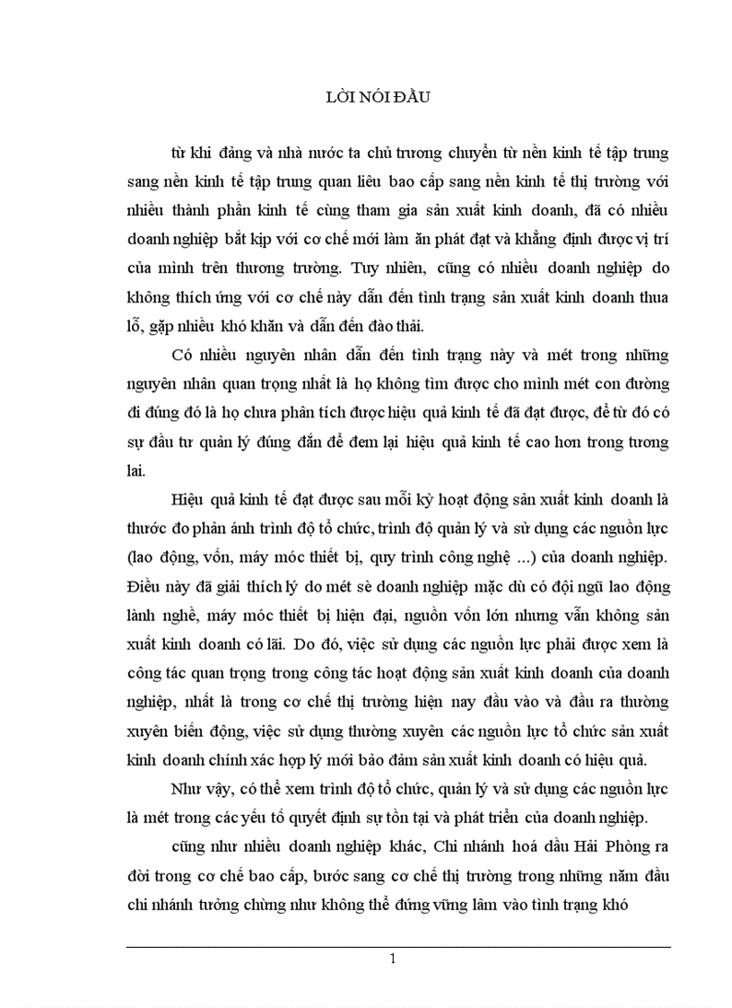 Một số vấn đề về nâng cao hiệu quả sản xuất kinh doanh của Chi nhánh hoá dầu Hải Phòng 1