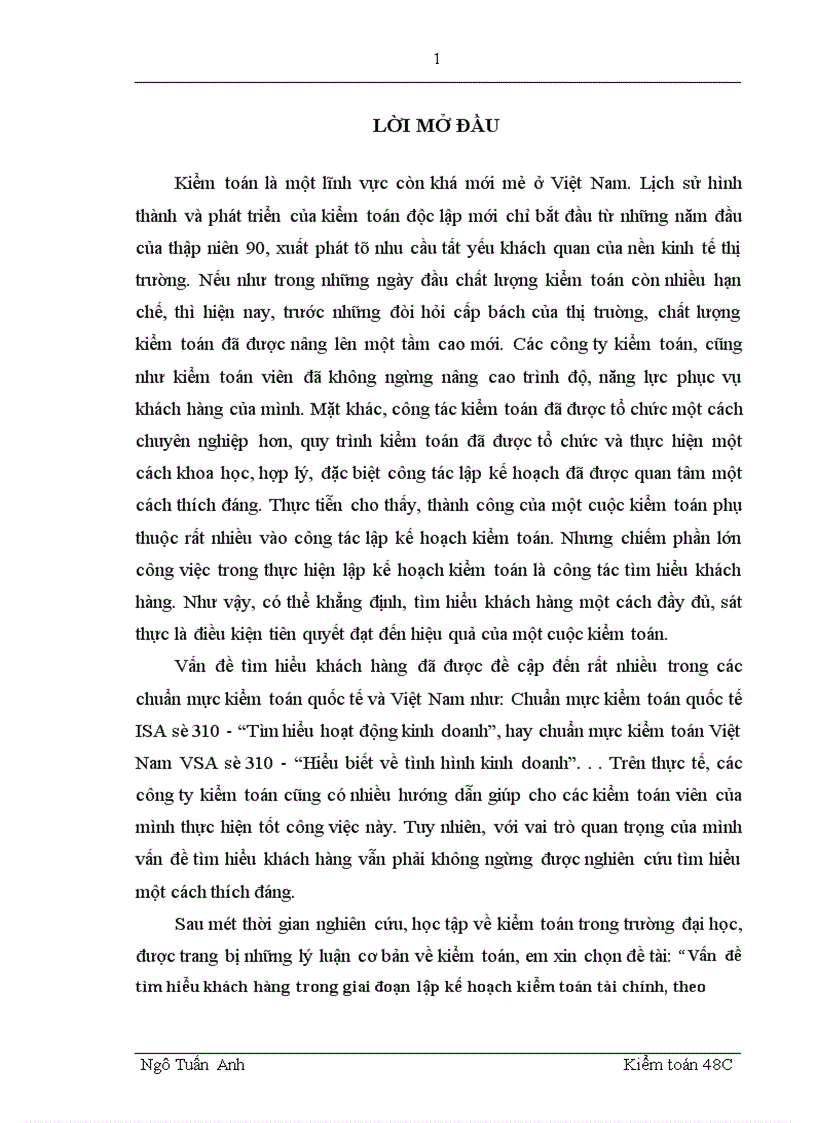 Vấn đề tìm hiểu khách hàng trong giai đoạn lập kế hoạch kiểm toán tài chính theo chuẩn mực kiểm toán Việt Nam 1
