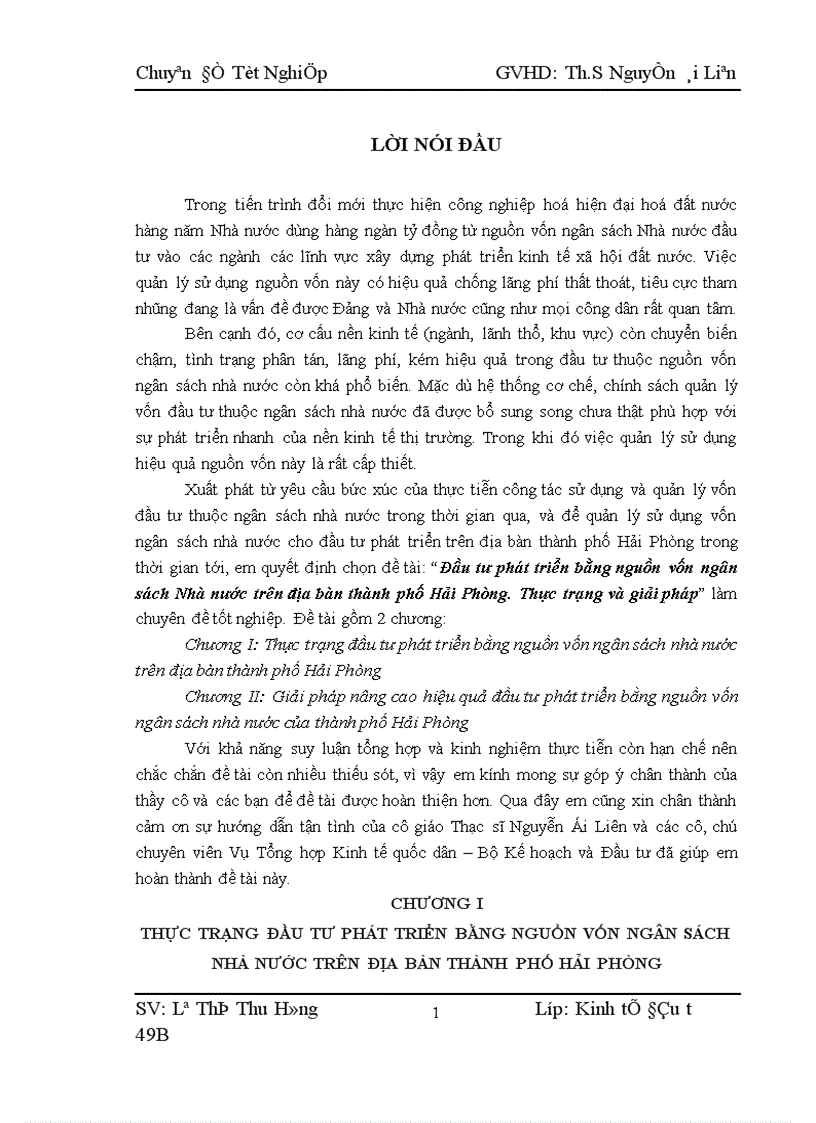 Đầu tư phát triển bằng nguồn vốn ngân sách Nhà nước trên địa bàn thành phố Hải Phòng Thực trạng và giải pháp 1