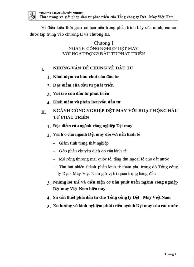 Thực trạng và giải pháp đầu tư phát triển của Tổng công ty Dệt May Việt Nam 1