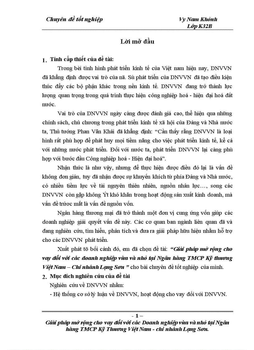 image for page Giải pháp mở rộng cho vay đối với các doanh nghiệp vừa và nhỏ tại Ngân hàng TMCP Kỹ thương Việt Nam Chi nhánh Lạng Sơn 1