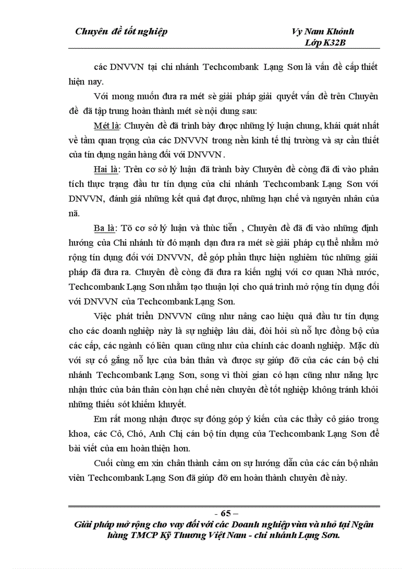 image for page Giải pháp mở rộng cho vay đối với các doanh nghiệp vừa và nhỏ tại Ngân hàng TMCP Kỹ thương Việt Nam Chi nhánh Lạng Sơn 1