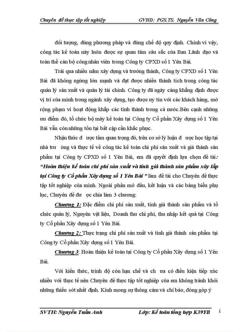 image for page Hoàn thiện kế toán chi phí sản xuất và tính giá thành sản phẩm xây lắp tại Công ty Cổ phần Xây dựng số 1 Yên Bái 1