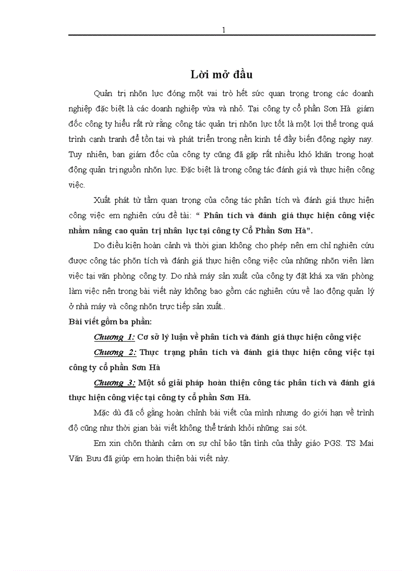 Phân tích và đánh giá thực hiện công việc nhằm nâng cao quản trị nhân lực tại công ty Cổ Phần Sơn Hà 1