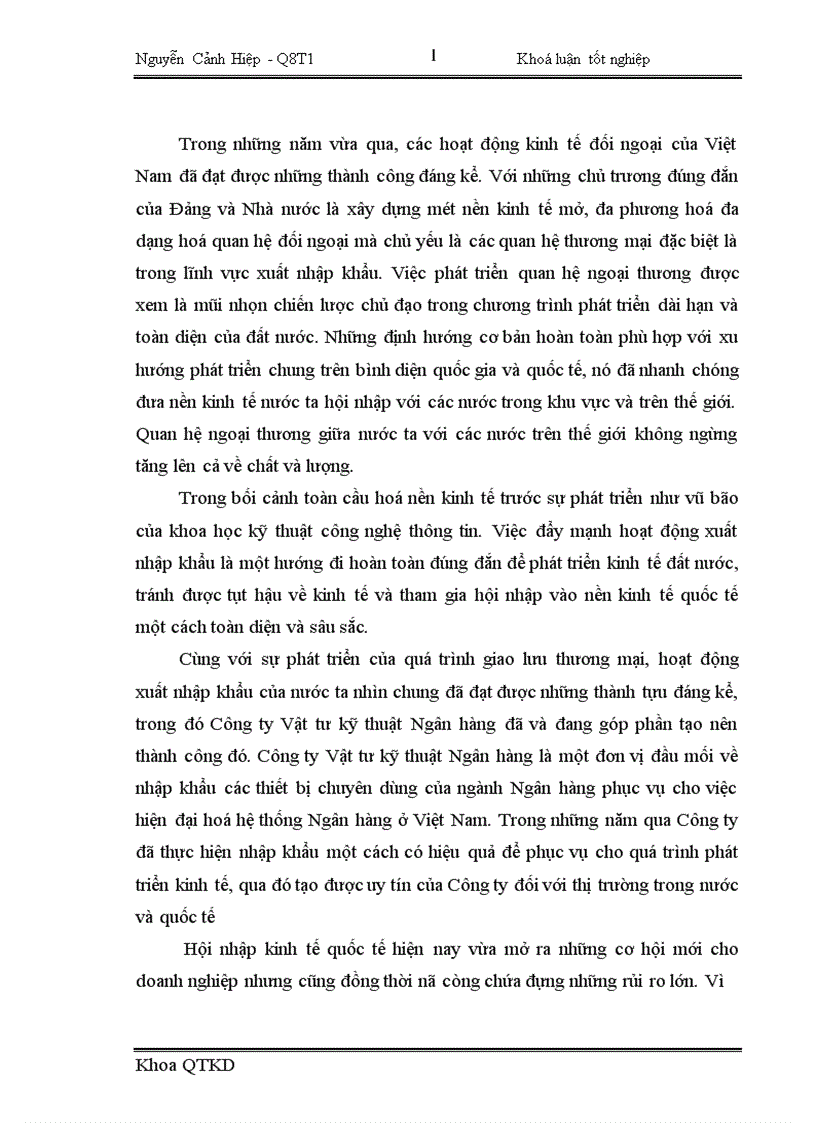 Một số giải pháp nhằm nâng cao hiệu quả kinh doanh trong hoạt động nhập khẩu tại Công ty Vật tư kỹ thuật Ngân hàng 1