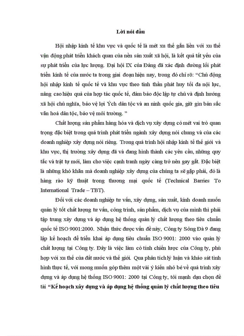 Kế hoạch xây dựng và áp dụng hệ thống quản lý chất lượng theo tiêu chuẩn ISO 9001 2000 tại Công ty Sông Đà 9