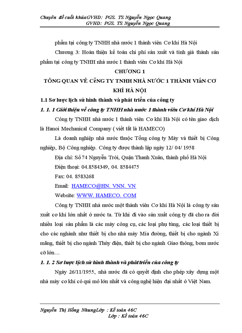 Hoàn thiện kế toán chi phí sản xuất và tính giá thành sản phẩm tại Công ty TNHH Nhà nước một thành viên Cơ khí Hà Nội 1