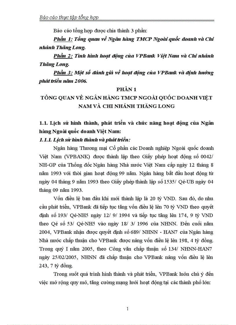 Tình hình hoạt động của VPBank Việt Nam và Chi nhánh Thăng Long