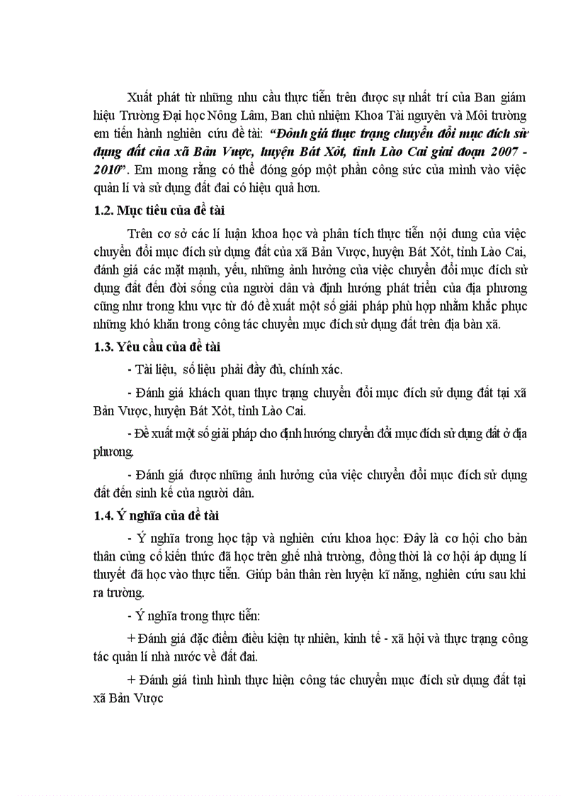 Đánh giá thực trạng chuyển đổi mục đích sử dụng đất của xã Bản Vược huyện Bát Xát tỉnh Lào Cai giai đoạn 2007 2010 1