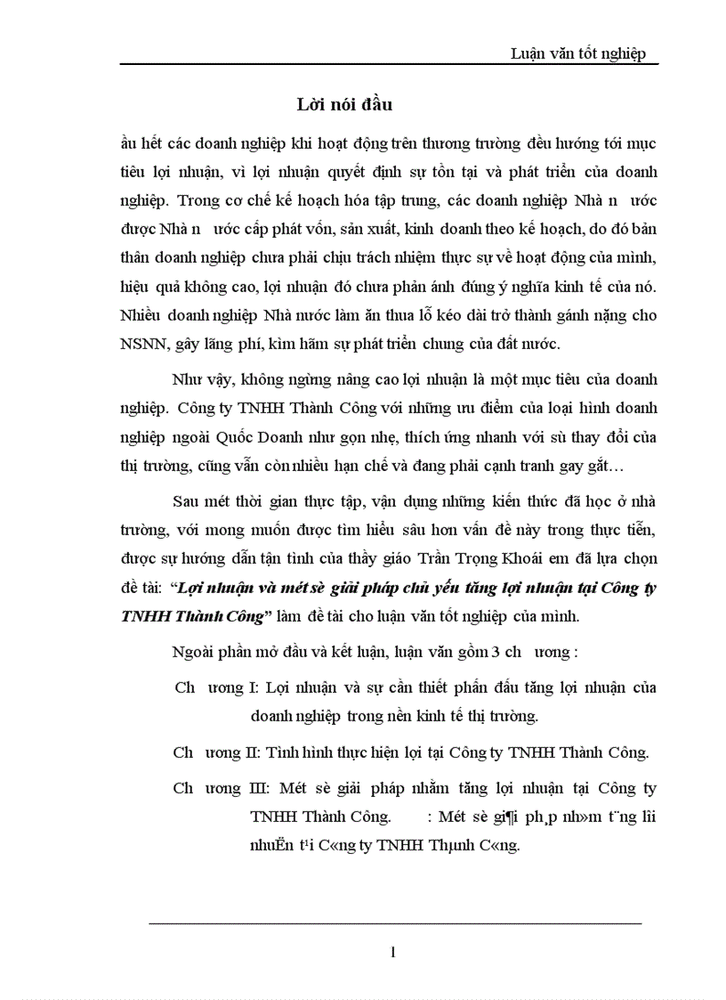 Lợi nhuận và một số giải pháp chủ yếu tăng lợi nhuận tại Công ty TNHH Thành Công 1